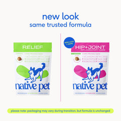 Native Pet collagen dog joint support bottle shows clear, chewable relief for aging joints.