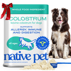 Native Pet Colostrum for Dogs bottle closeup highlighting immune-supporting bovine powder.