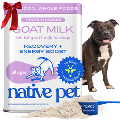 Native Pet goat milk powder tub closeup shows pure ingredients for daily dog nutrition