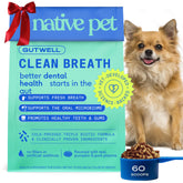 Native Pet GutWell Clean Breath bottle with scoop showing triple-biotic blend for fresher breath