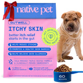 Native Pet GutWell itchy-skin dog pellets shown for daily itch relief.