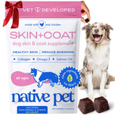 Native Pet Omega Skin and Coat Chews bottle view shows easy-dosing for healthy fur.