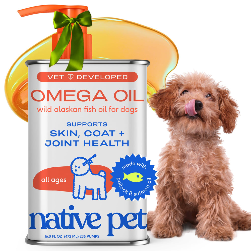 Native Pet Omega 3 fish oil bottle with wild Alaskan salmon oil supports a healthier coat.