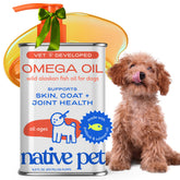 Native Pet Omega 3 fish oil bottle with wild Alaskan salmon oil supports a healthier coat.