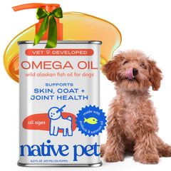 Native Pet Omega 3 fish oil bottle with wild Alaskan salmon oil supports a healthier coat.