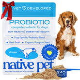 Native Pet Probiotics dog powder scoop shows easy-to-mix formula for daily gut support.
