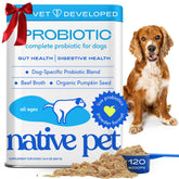 Native Pet Probiotics for Dogs powder bottle supports daily gut health with potent CFUs