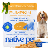 Native Pet Pumpkin powder bottle, a fiber-rich topper for digestion.