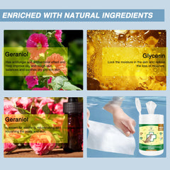 Natouch Antifungal Wipes ingredients geraniol and rosemary highlight natural care.