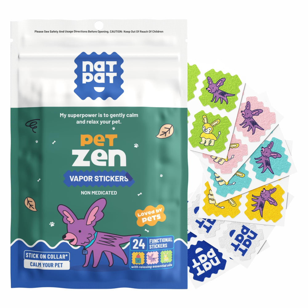 NATPAT Pet Zen Patches packaging shows 24 patches for calm dogs on trips.