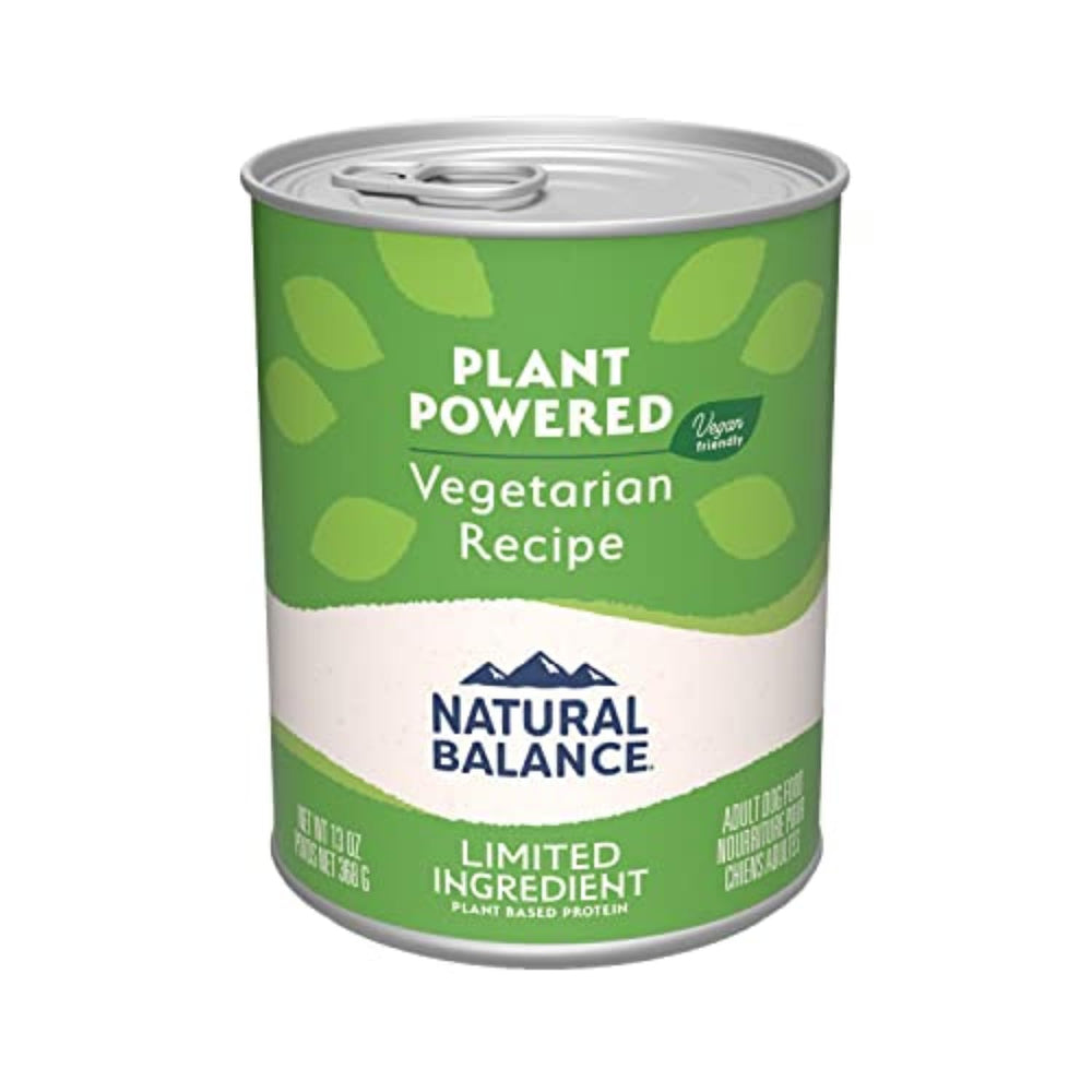 Natural Balance vegetarian dog food can front view — convenient 12-pack for balanced meals.
