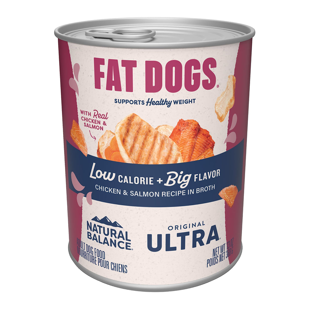 Natural Balance Fat Dogs wet food served in a bowl with real chicken and salmon aroma.