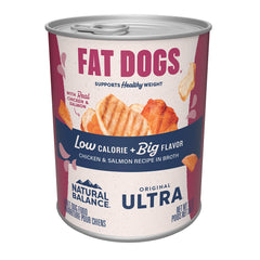 Natural Balance Fat Dogs wet food served in a bowl with real chicken and salmon aroma.