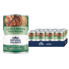 Natural Balance lamb-brown-rice dog food can closeup highlights limited ingredients for sensitive digestion.