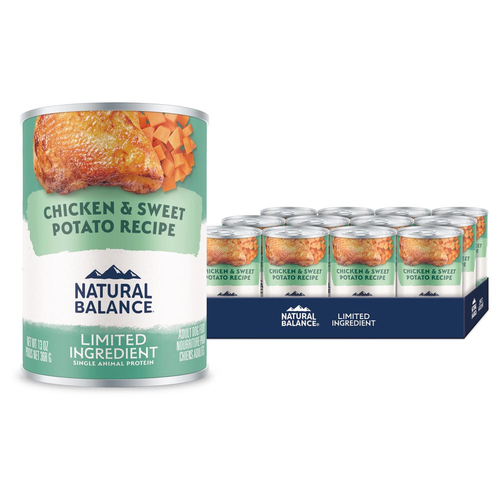 Natural Balance Limited Ingredient dog food packaging shows grain-free formula for sensitive stomachs.