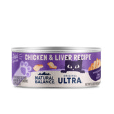 Natural Balance Original Ultra cat food can with chicken and liver for complete meals.