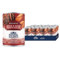 Natural Balance Reserve Bison & Sweet Potato cans offer grain-free protein for gentle digestion.