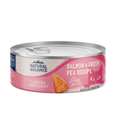 Natural Balance salmon-green-pea canned cat food close-up showing rich texture for digestion-friendly meals.