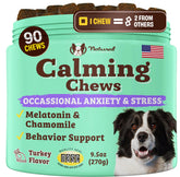 Natural Dog Company Calming Chews packaging ready-to-use bottle for travel-friendly stress support.