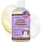 Natural Dog Company calming lavender shampoo bottle demonstrating gentle cleansing for dogs