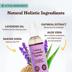 Natural Dog Company Calming Lavender Spritz label closeup shows aloe and oatmeal for coat softness.
