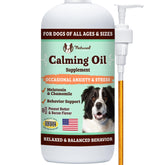 Natural Dog Company Calming Oil bottle front promotes relaxation during stressful events.