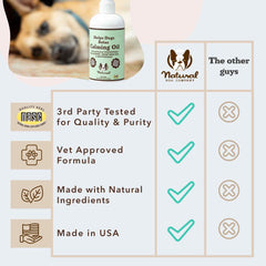 Natural Dog Company Calming Oil dropper closeup shows precise dosing for daily use.