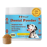 Natural Dog Company dental powder bottle being poured onto dog food for fresher breath.