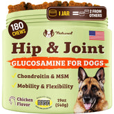 Natural Dog Company hip and joint chews packaging on countertop for mobility support