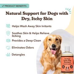 Natural Dog Company Itchy Dog Shampoo bottle-closeup highlights gentle cleansing for all breeds.
