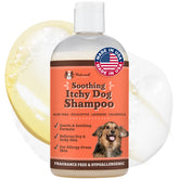 Natural Dog Company Itchy Dog Shampoo bottle-front shows hypoallergenic relief for sensitive dogs.