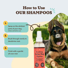 Itchy Dog Spritz ingredients aloe and lavender highlighted for soothing skin