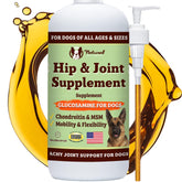 Natural Dog Company Liquid Glucosamine bottle pour demonstrates easy daily dosing for joint support.