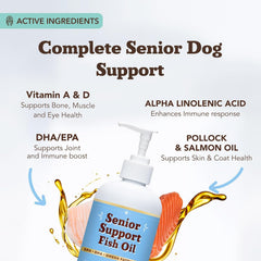 Natural Dog Company Omega-3 fish oil senior dog in kitchen demonstrates daily use.