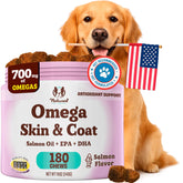 Natural Dog Company Omega Chews packaging highlights omega benefits for skin and coat.
