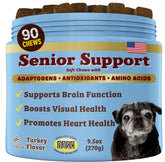 Natural Dog Company senior brain vitamin chew bottle supports cognitive focus for aging dogs.