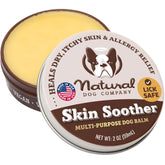 Natural Dog Company Skin Soother Balm 2oz tin closeup highlighting soothing relief for irritated skin.