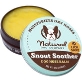 Natural Dog Company Snout Soother tin closeup showing creamy balm for dry noses providing hydration.