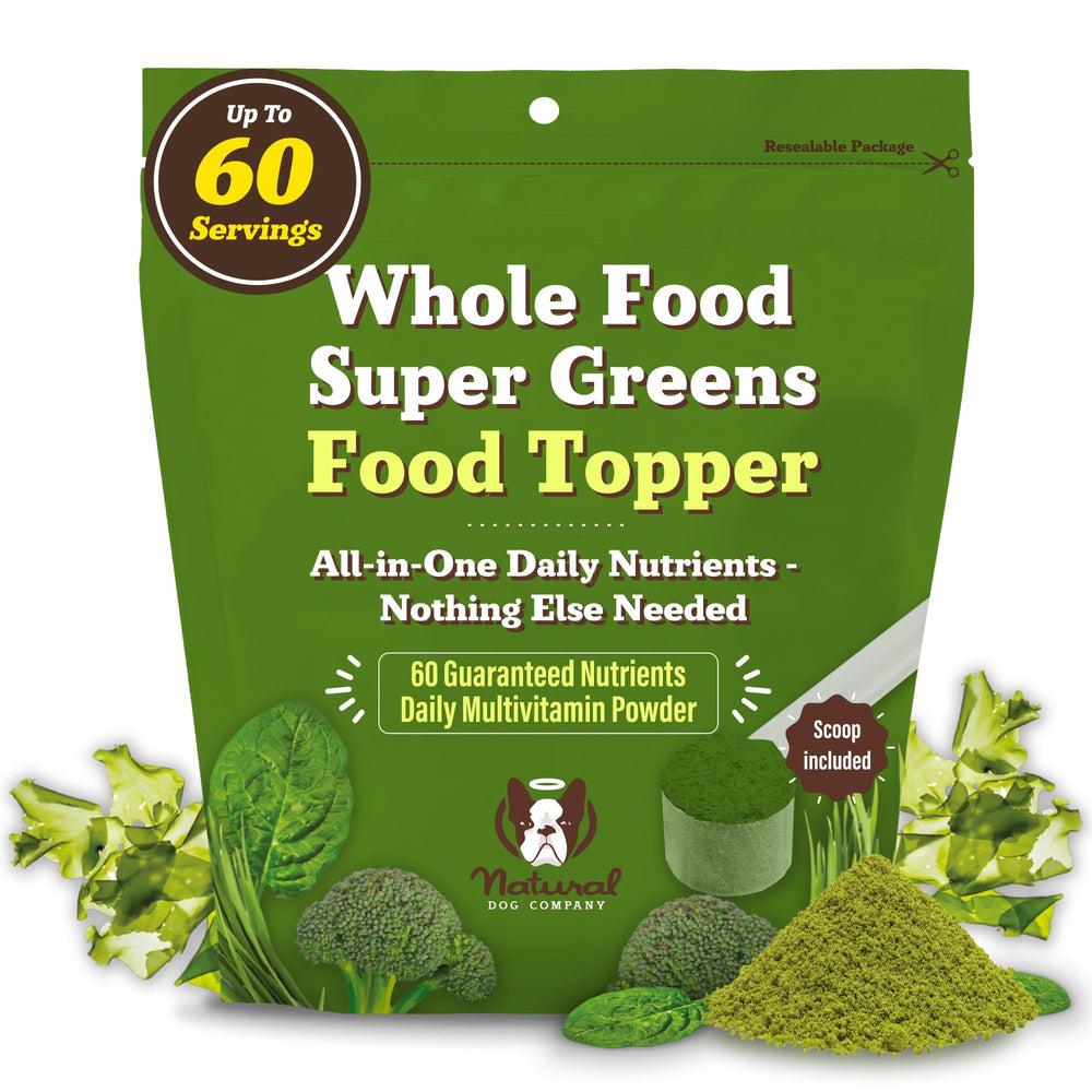 Natural Dog Company Super Greens packaging closeup shows clean ingredients and recyclable packaging.