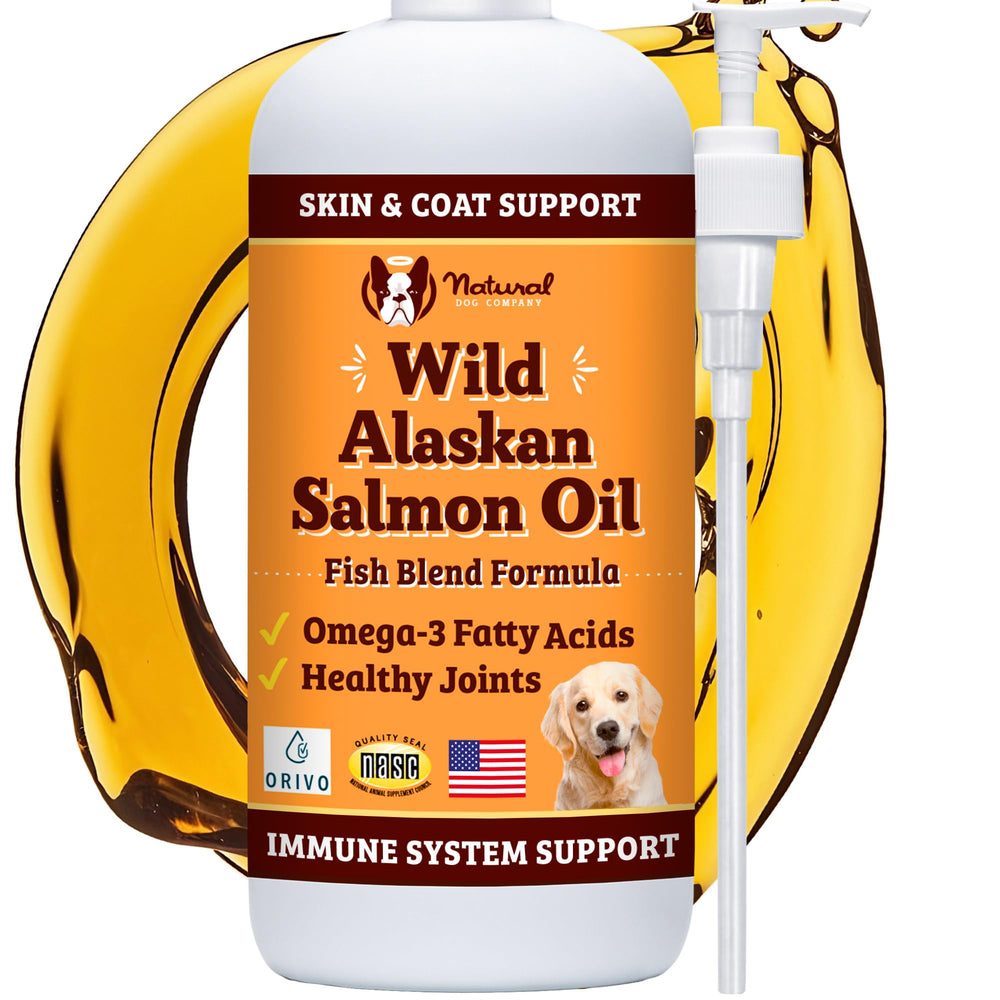 Natural Dog Company Wild Alaskan Salmon Oil bottle supports dogs' skin and coat health