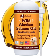 Natural Dog Company Wild Alaskan Salmon Oil bottle supports dogs' skin and coat health