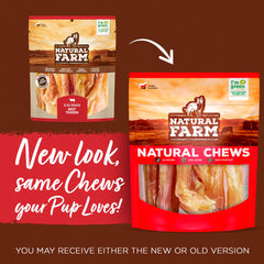 Natural Farm 12-pack packaging close-up showing grain-free, hormone-free chews for dogs.