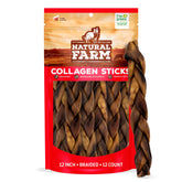 Natural Farm braided collagen sticks packaging—odor-free dog chews for all sizes