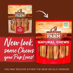Natural Farm Bully Chips texture closeup highlights flattened beef chews with aroma