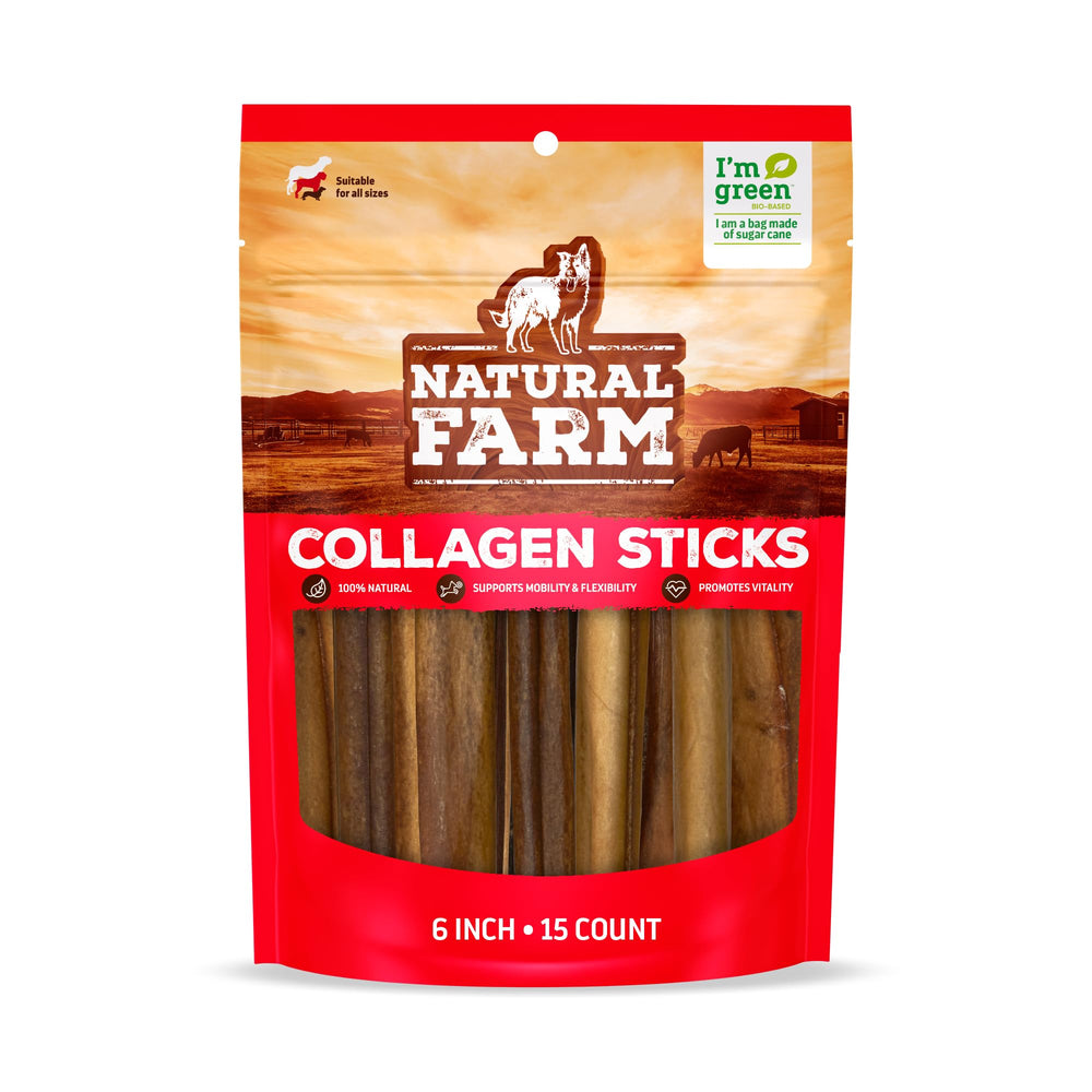 Natural Farm Collagen Sticks 6-inch pack front view, durable chew for small and medium dogs