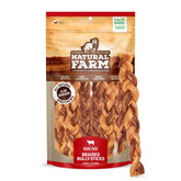 Natural Farm odor-free braided bully sticks shown in packaging for safe storage and long chew