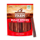Natural Farm Odor-Free Bully Sticks packaging showcases a 6-inch chew for long-lasting play.