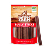 Natural Farm Odor-Free Bully Sticks pack shows 4-8 inch chews for medium dogs, ideal for training rewards