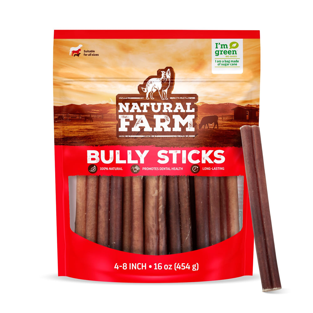 Natural Farm odor-free bully sticks packaging shows convenient, odor-reduced treat for dogs