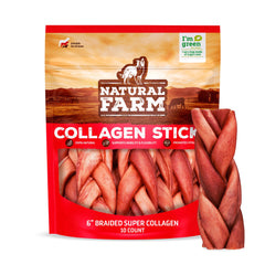 Natural Farm Odor-Free Chews texture close-up highlights braided beef skin bite.